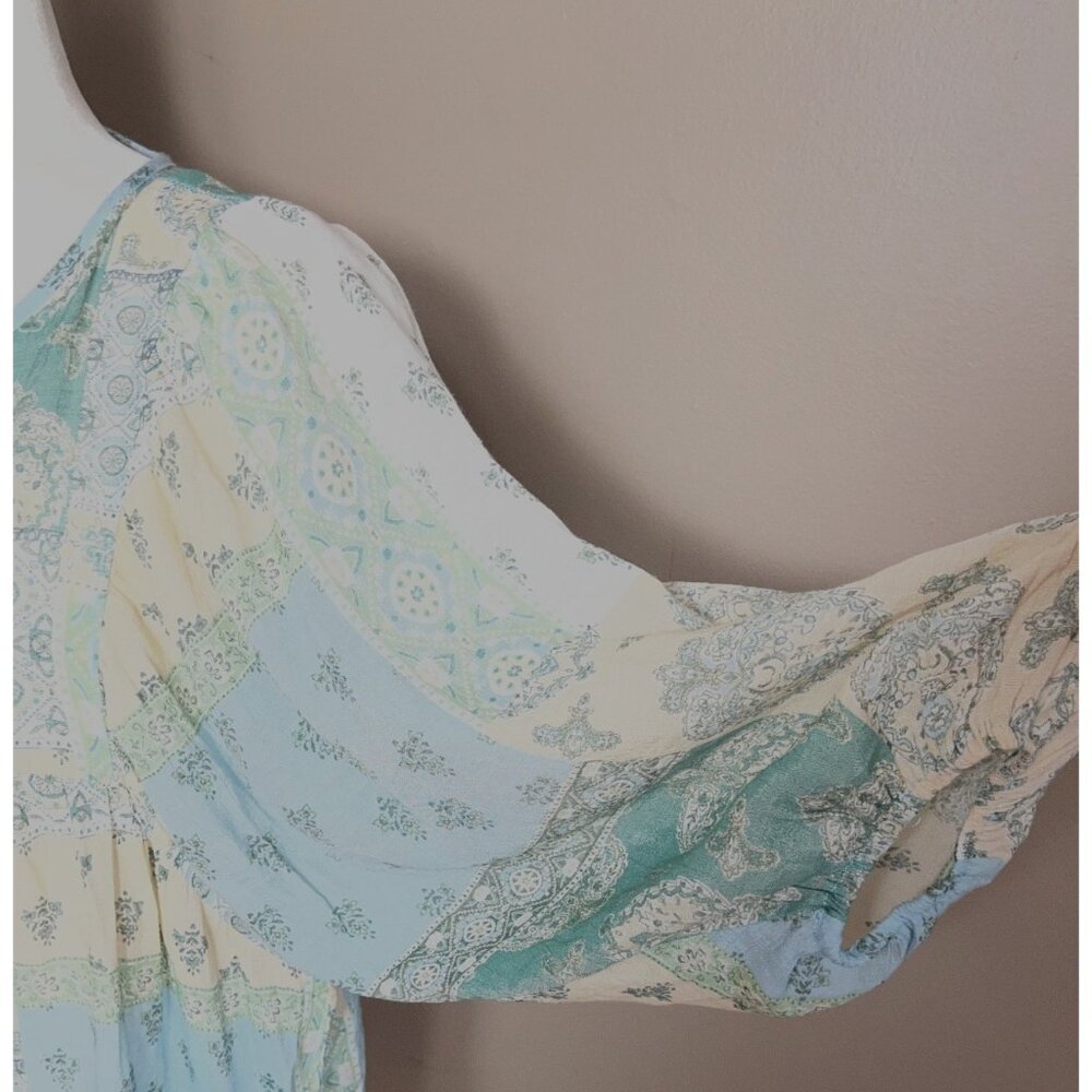 Patchwork Boho Top Aqua Gauze Balloon Sleeves Ethereal Cottage Fairy Coastal S - Picture 7 of 9